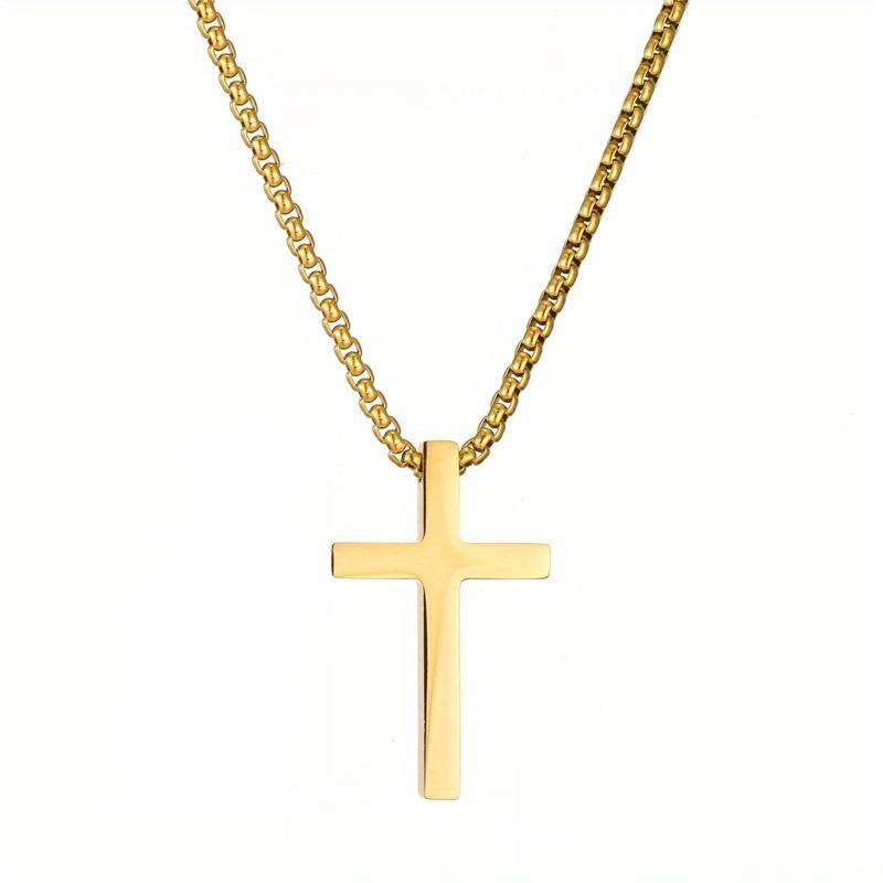 Stainless Steel Cross Necklace for Men – Christian Pendant with Box Chain, Silver & Gold Options, Religious Jewelry Gift for Boyfriend Son