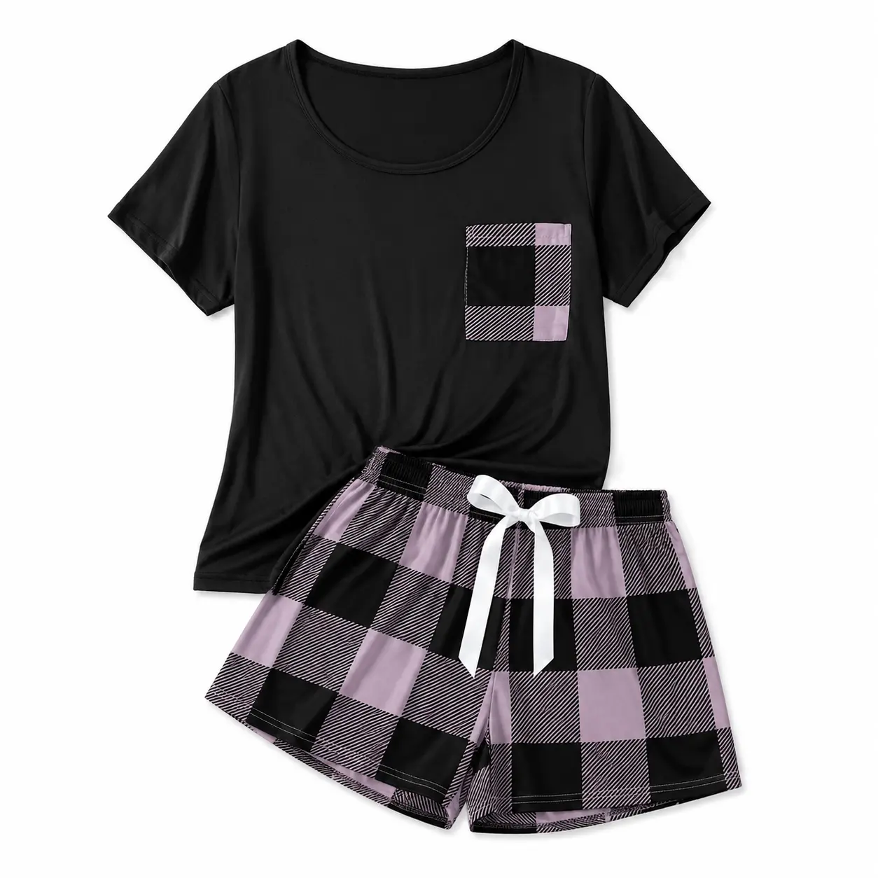 FEITAI Women's 2-Piece Satin Soft Pajama Set, Round Neck Short-Sleeve Top & Drawstring Plaid Shorts, Comfy Breathable Homewear Loungewear