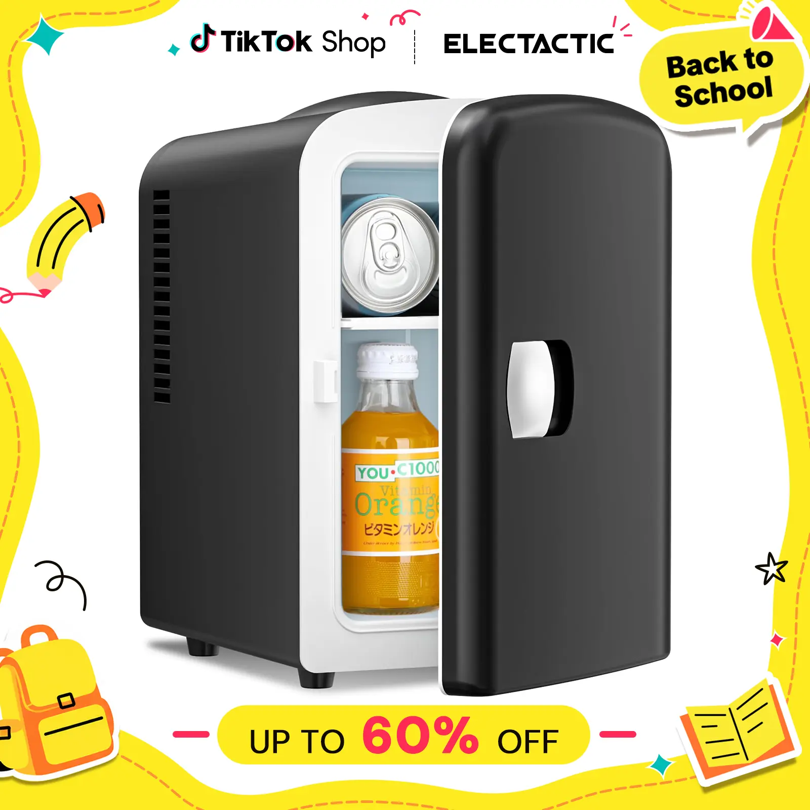 Electactic 4L Compact Energy-Saver Travel Fridge - 6x12oz Can Capacity, Freon-Free Eco-Friendly Portable Small Refrigerator for Cosmetics, Food, Camping, Boating, Small Spaces (Bedroom, Office)