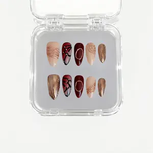EDGE ESSENCE CRIMSON FLIGHT 3D Metallic Texture Press-On Nail Art Set EW012 | Burgundy-Nude Base with Copper Accents for Edgy Luxury Nail Looks
