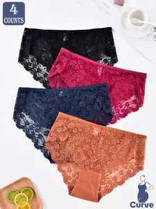 Women's Plus Size 4pcs Sheer Floral Lace Soft Breathable Panties, Comfy Breathable Scallop Trim Knicker, Lady's Underwear Loungewear for Daily Wear, Womenswear, Fashion Breathable Underwear, Floral Lace Panty
