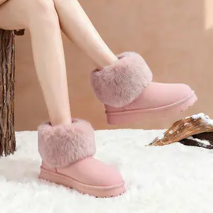 Women's Fluffy Faux Fur Platform Snow Boots Solid-Color Suede Round-Toe Shoes Memory Foam Insoles Anti-Slip Design 2025 Winter Bow-Trimmed Ankle Boots Girls' Fashionable Christmas Gift Everyday Wear