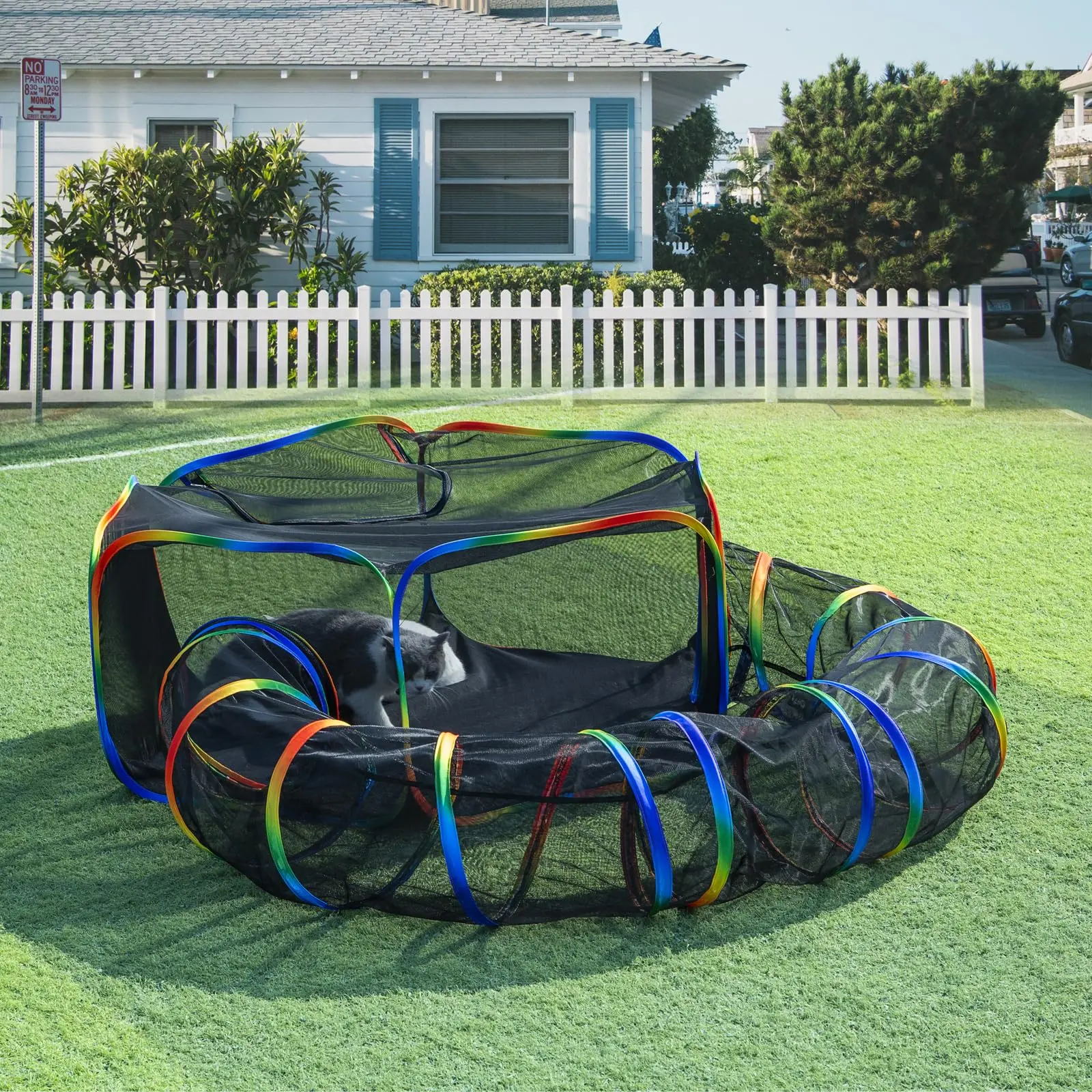 Large Space Multi-scene Cat Play Tunnel Tent, Collapsible Outdoor Catio Playpen for Indoor & Yard, Anti-escape Mesh Kitten Activity Toy House Kitty Portable