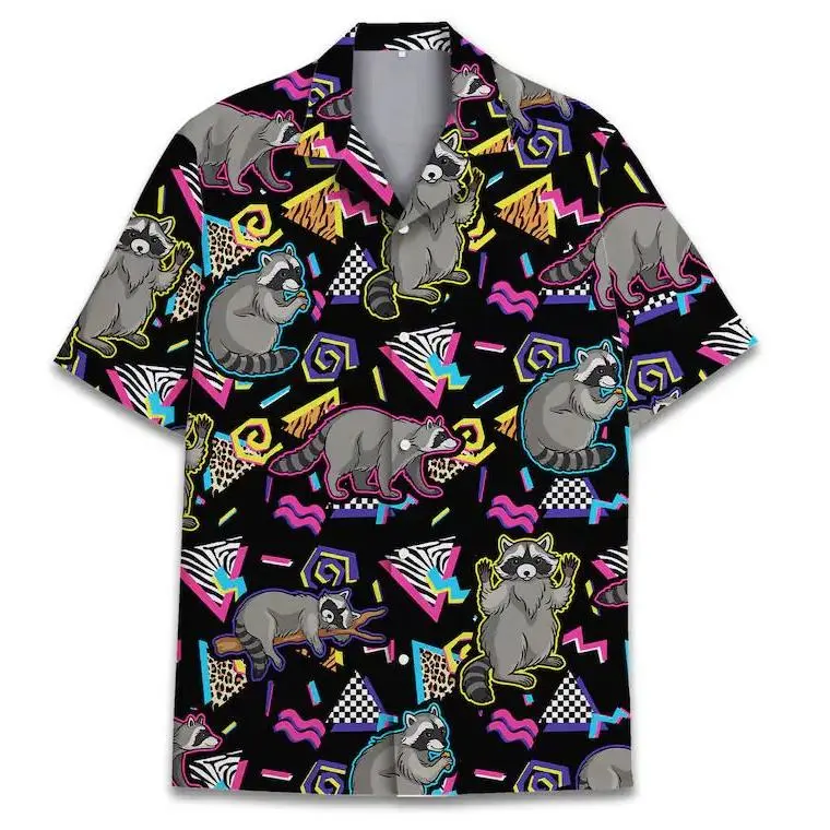 Men's Retro Raccoon 90s Hawaiian Shirt - 5XL Basic Multicolor Button-Collared Short-Sleeve Aloha Top, Casual Tropical Streetwear Polyester for Valentines Day Holiday, Racoon, All Seasons