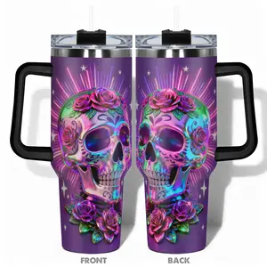 1pc 40oz Cup Stainless Steel Hydration Tumbler With Sugar Skull Floral Pattern Design, Leakproof Large Capacity, Needed for Gym, Hiking, Travel Ideal Birthday Christmas Gift Perfect Gift,Mother's Day Gift for Her,Gothic Flower Cup