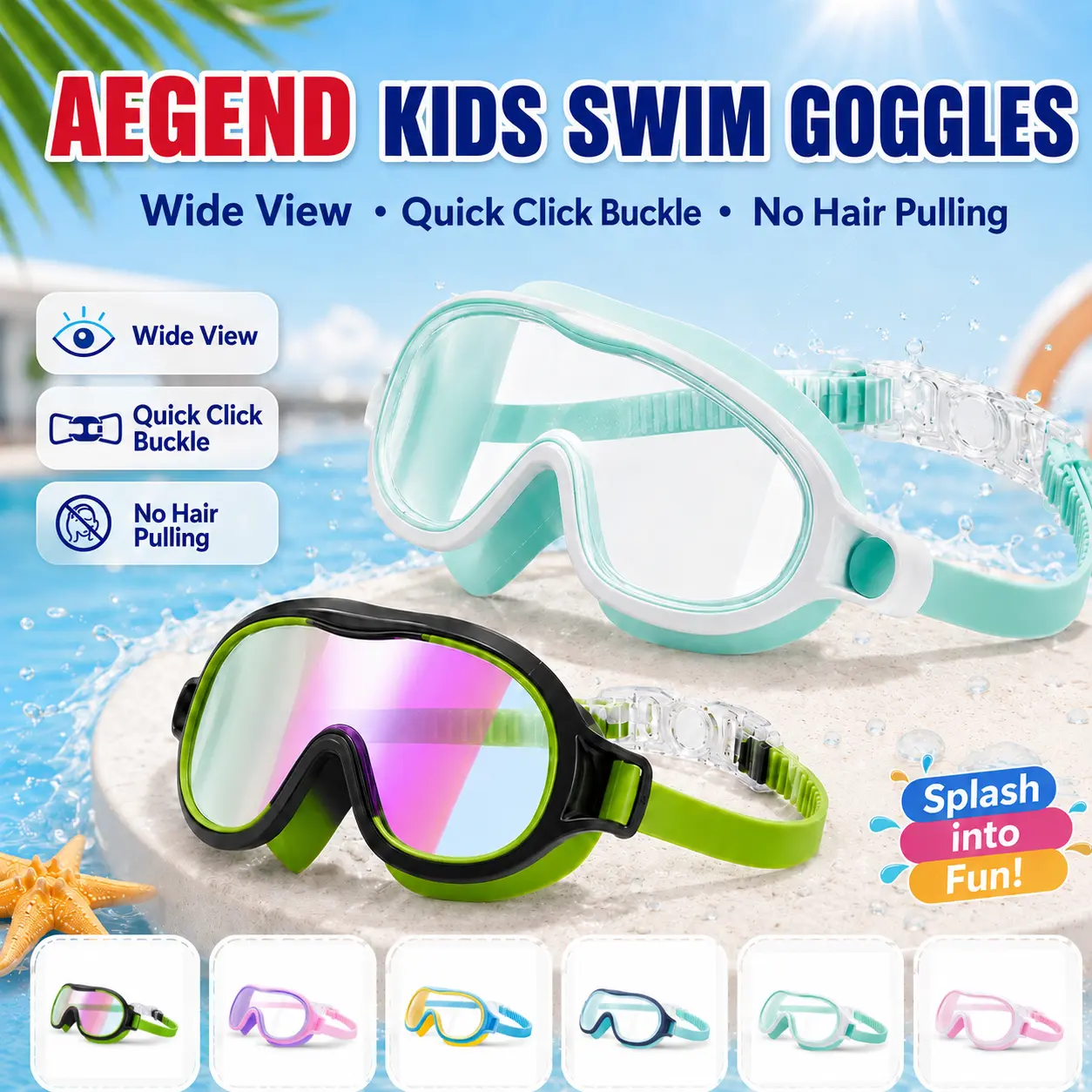 Aegend Kids' Swimming Goggles 2-Pack - Adjustable Sealed Silicone Wide View Swim Glasses with Anti-Fog, UV Protection for Youth Pool Days, Goggles for Swimming, Wide Lens, Large Eye, Outdoor Swimming Adventures
