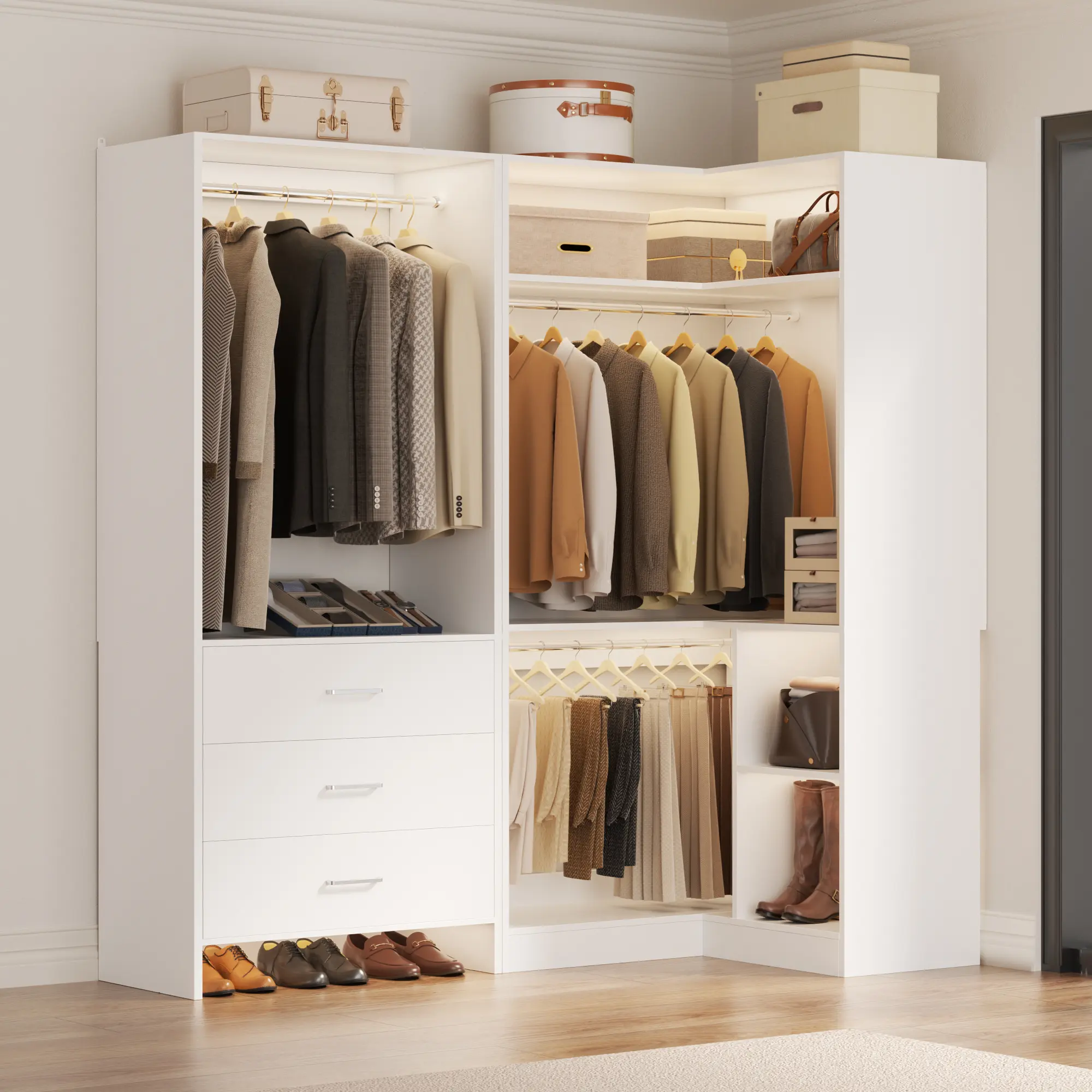 L-Shaped Corner Freestanding Wardrobe Closet System (55.5in Width) - Sturdy Frame Clothes Organizer with 3 Wooden Drawers, 3 Adjustable Hanging Rods, Storage Shelves, Tool-Free Setup for Closet Storage, Organization Ideas, Setup Inspo