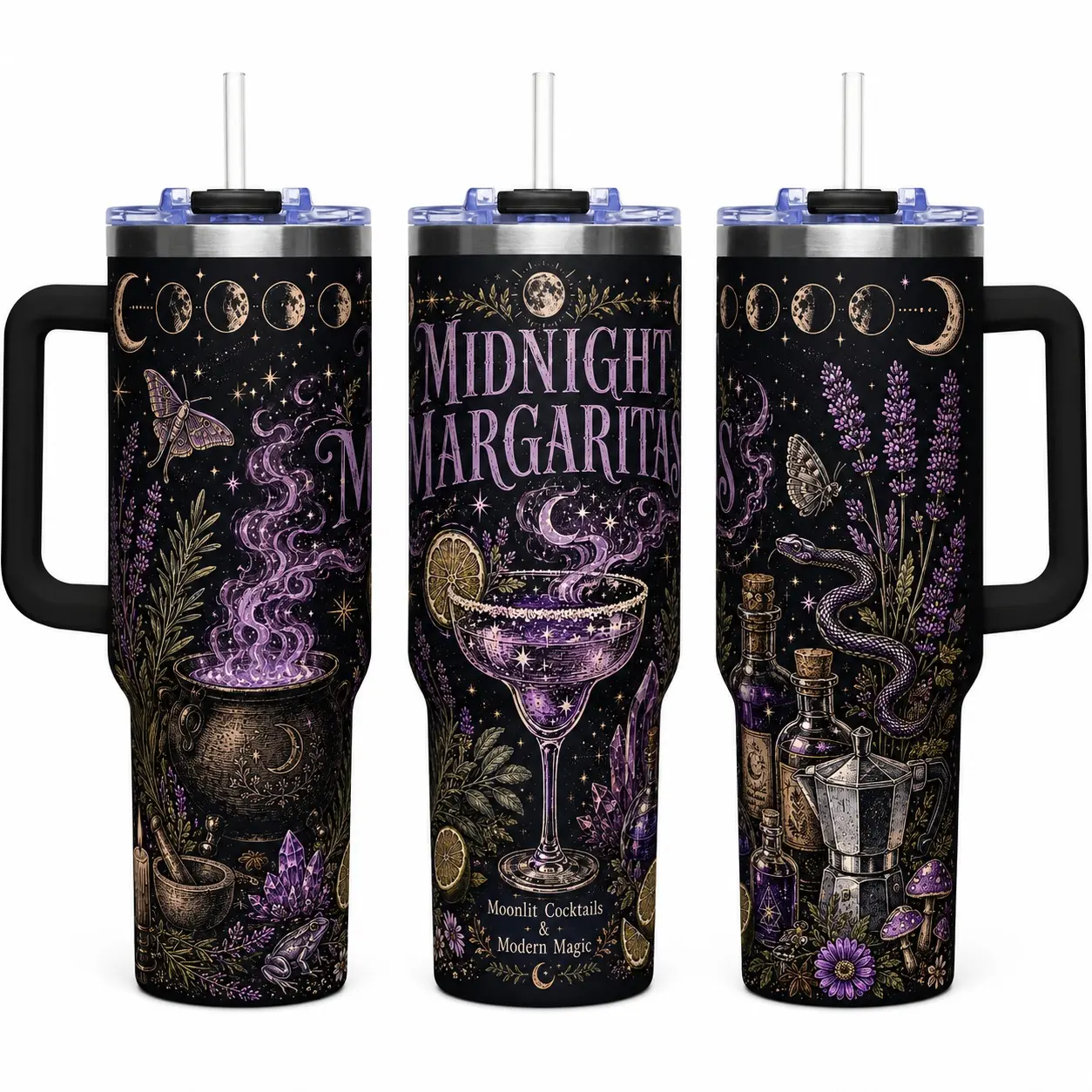 40oz Midnight Margaritas Witchy Tumbler with Handle & Straw, Stainless Steel Insulated Travel Mug, Gothic Botanical Drink Cup, Halloween Gift