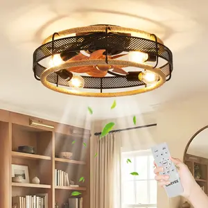 20.5 in Farmhouse Rattan Caged Ceiling Fan with Light, Flush Mount Enclosed Ceiling Fan Light Combo with 6 Speeds, Remote Control & Low Profile for Bedroom Living Room Kitchen
