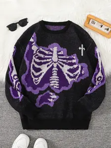 Men's Skull Print Long Sleeve Fitted Crewneck Knitwear Sweater, Casual Autumn/winter Fashion, Street Style Design, Perfect for Daily Wear & Gifts