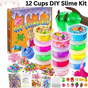 Kids' 12-Cup DIY Slime Kit - Crystal Clear, Glow-in-the-Dark Slime with Foam Balls, Charms, Add-Ins, Party Favors, Gift Toys for Girls Ages 3-12, Easter Gift