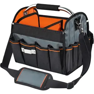 12 Inch Electrician Tool Tote Bag, 1680D Ballistic Polyester 34 Pockets Open Top Foldable Tool Bags with detachable divider, Tool Tote with Stainless Steel Handle & Padded Shoulder Strap