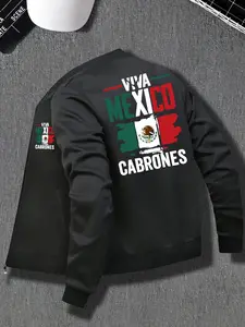 Men's Mexican Theme Pilot Jacket, Mexican Flag Eagle Aztec Print, Zipper Baseball Collar, Polyester Blend, Casual Fit, Coats, Outerwear, Menswear, Long Sleeve