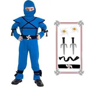 Blue Kids Ninja Costume Set Halloween Ninja Cosplay Costumes with Halloween Ninjas Accessories for Boys Dress up