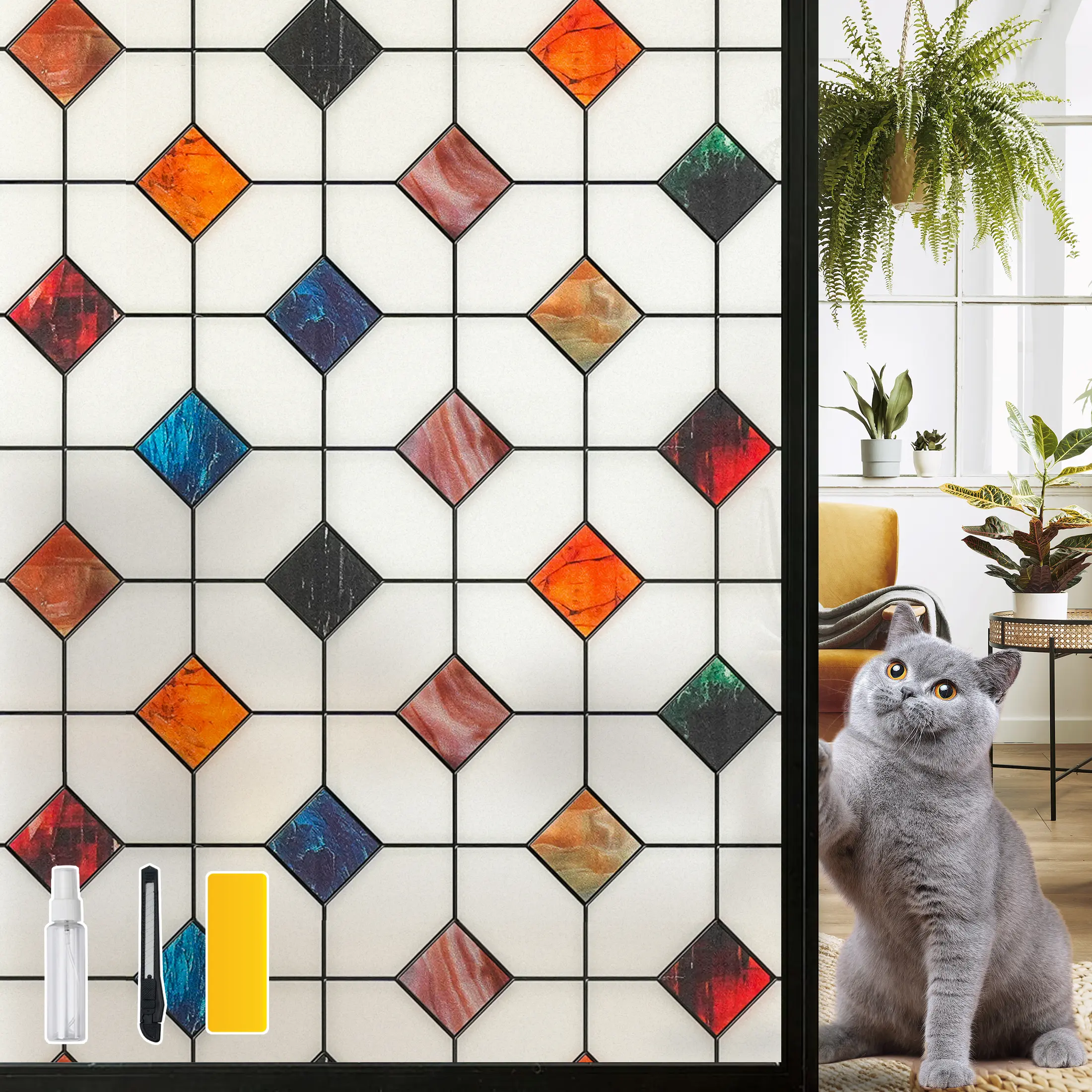 DKTIE Large Frost PVC Window Privacy Film (17.7"x78.7") - Agate Stone Lattice Geometric Stained Glass, Static Window Cling, Removable, Anti-UV, Heat Blocking, Easy-Install, Bedroom Decor, Toolset Included, Room Decor, Apartment Decor Ideas