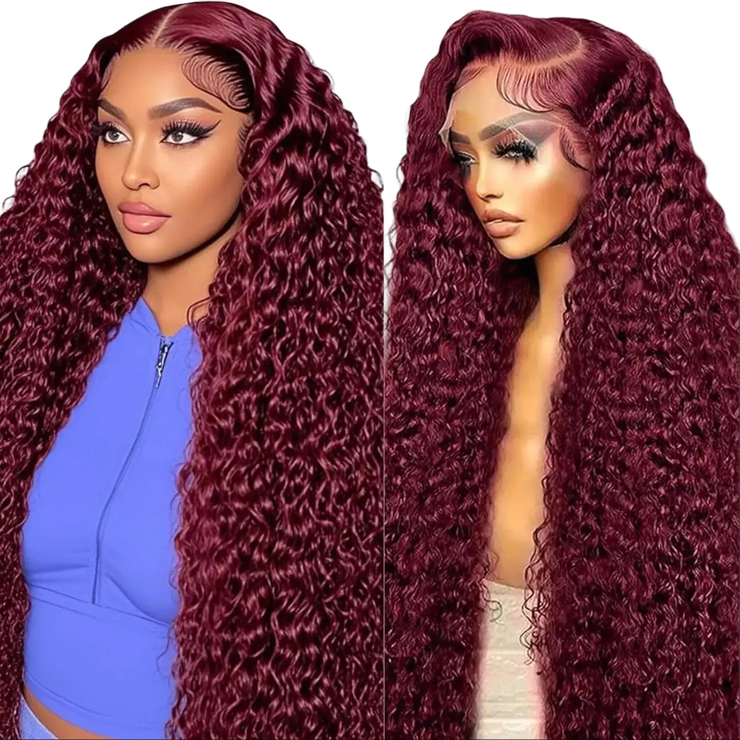Women's 99j Burgundy Human Hair Wig Unit - 13x6 Deep Wave HD Transparent Pre-Plucked Lace Frontal Wig for Black Women Curly Wig