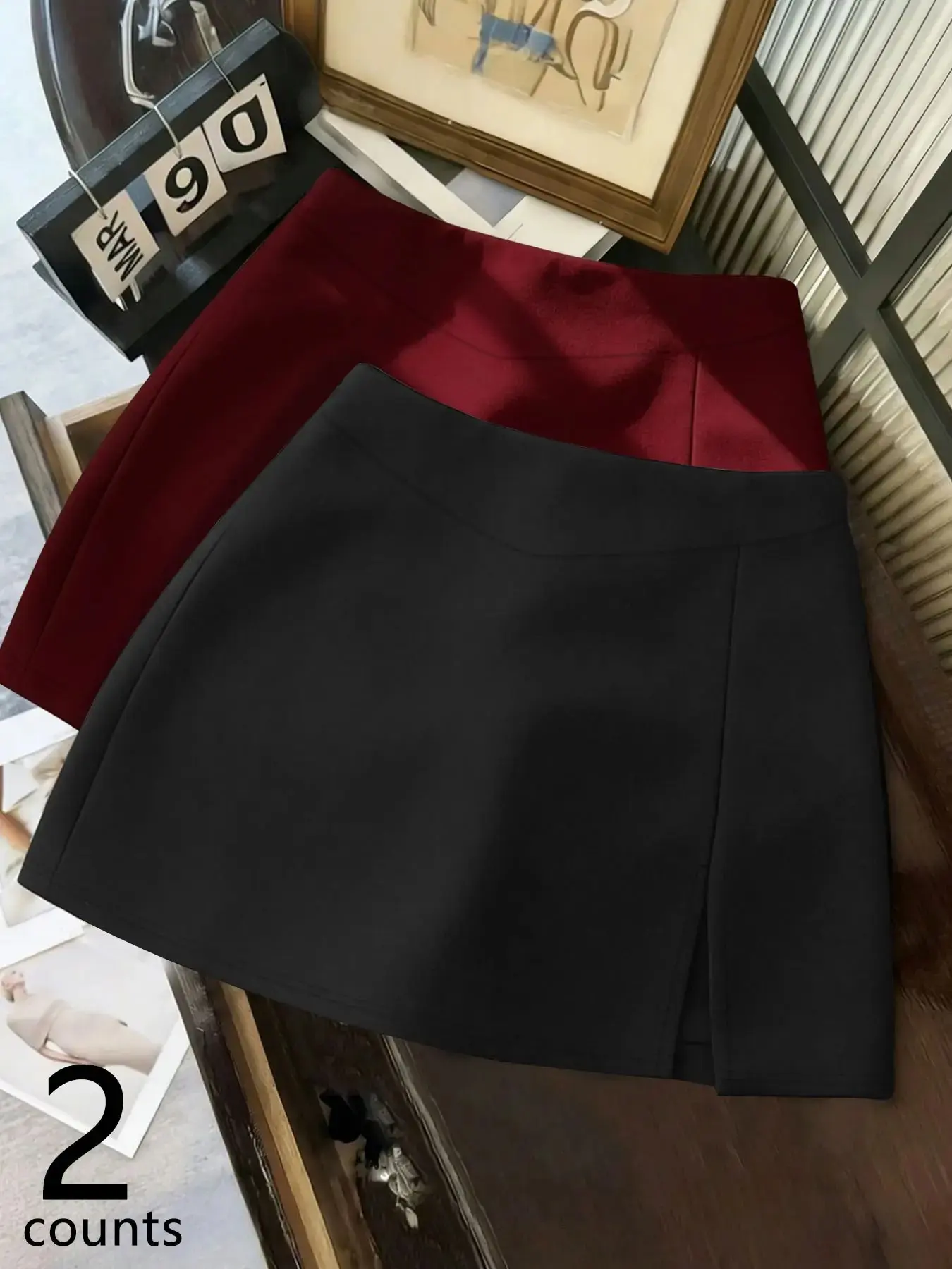 Sexy Style Anti-Exposure A-Line Short Skirt Two-Piece Set, & Wine High-Waisted Split Midi Skirts, Casual Loose-Fit Clothing
