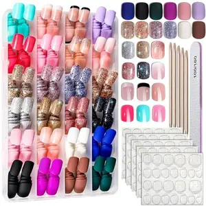 FANDAMEI Press on Nails, 24 Colors 576PCS Press on Nails Short, Matte Glossy Press on Nails Short Square. Glitter Press on Nails Short Round