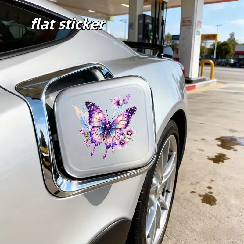 Dreamy Rainbow Butterfly Floral Car Fuel Tank Cover Sticker, Watercolor Style Background Car Decal, 1 Piece Flat Sticker, Car Stickers, Automotive Decals, Decal For Cars