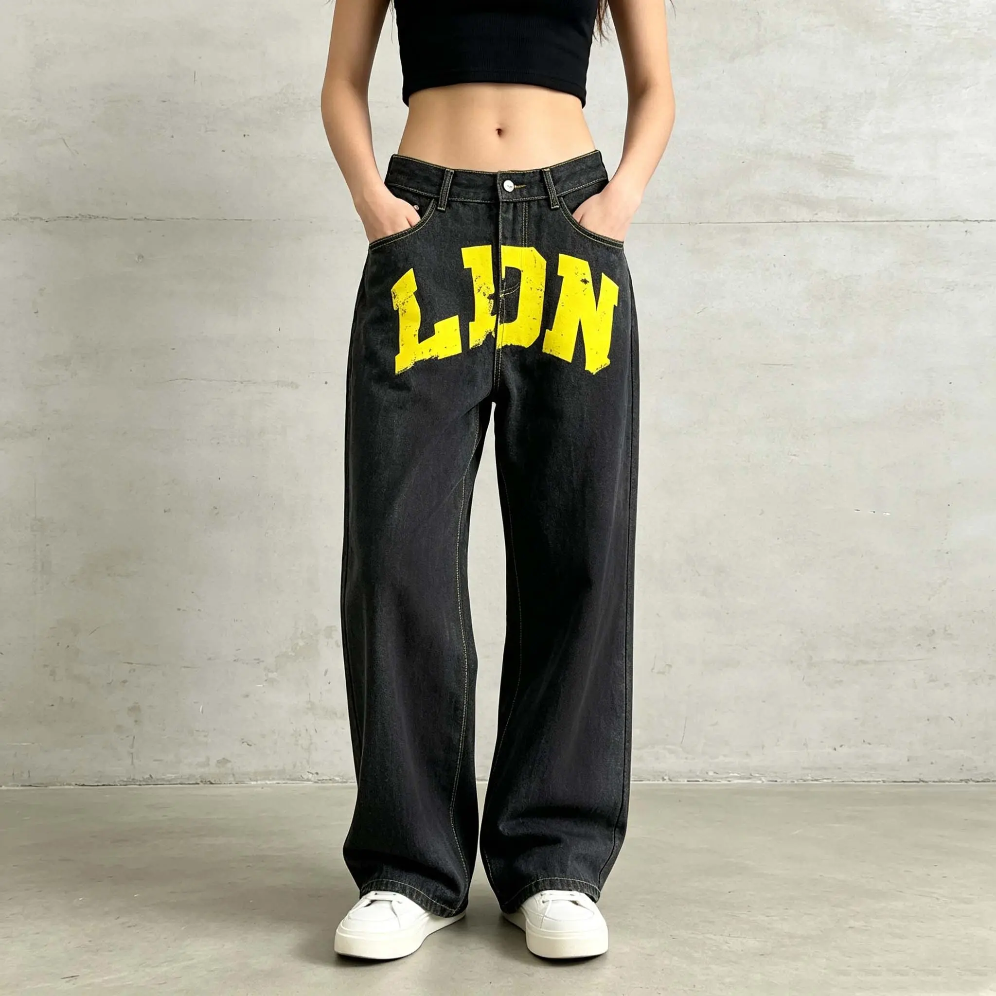 Women's Wide Leg Jeans Y2K Letter Print Distressed High Waist JeansEveryday Casual Outfits