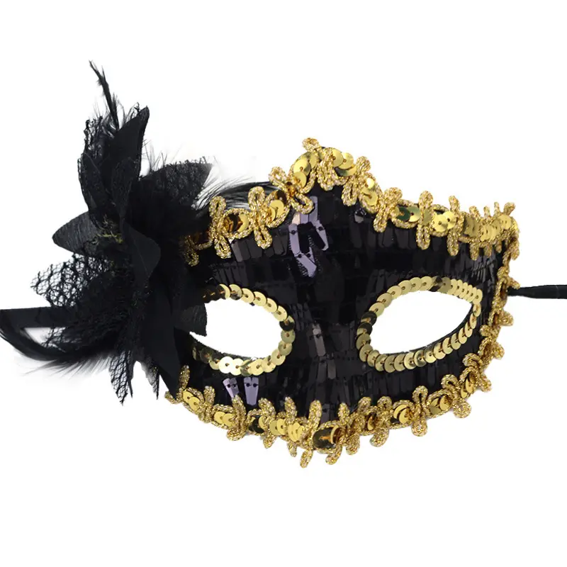 Side-flower sequin mask [black and gold]