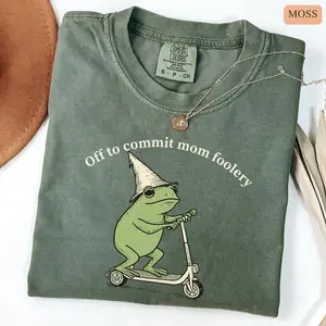 Comfort Colors Off To Commit Mom Foolery T-Shirt, Funny Frog Graphic Tee, Whimsical Cottagecore Mom Shirt, Cute Animal Humor Apparel for Moms, Soft Garment-Dyed Relaxed Fit, Cozy Everyday Casual Wear, Trendy Vintage Aesthetic Vibe - Eli Deal Power