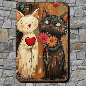 2D Flat Metal Painting Retro Cartoon Cat With Love Heart And Flower Art Wall Decor For Home Bar Cafe Restaurant Garage Courtyard 8x12 Inches Iron Sheet Artwork