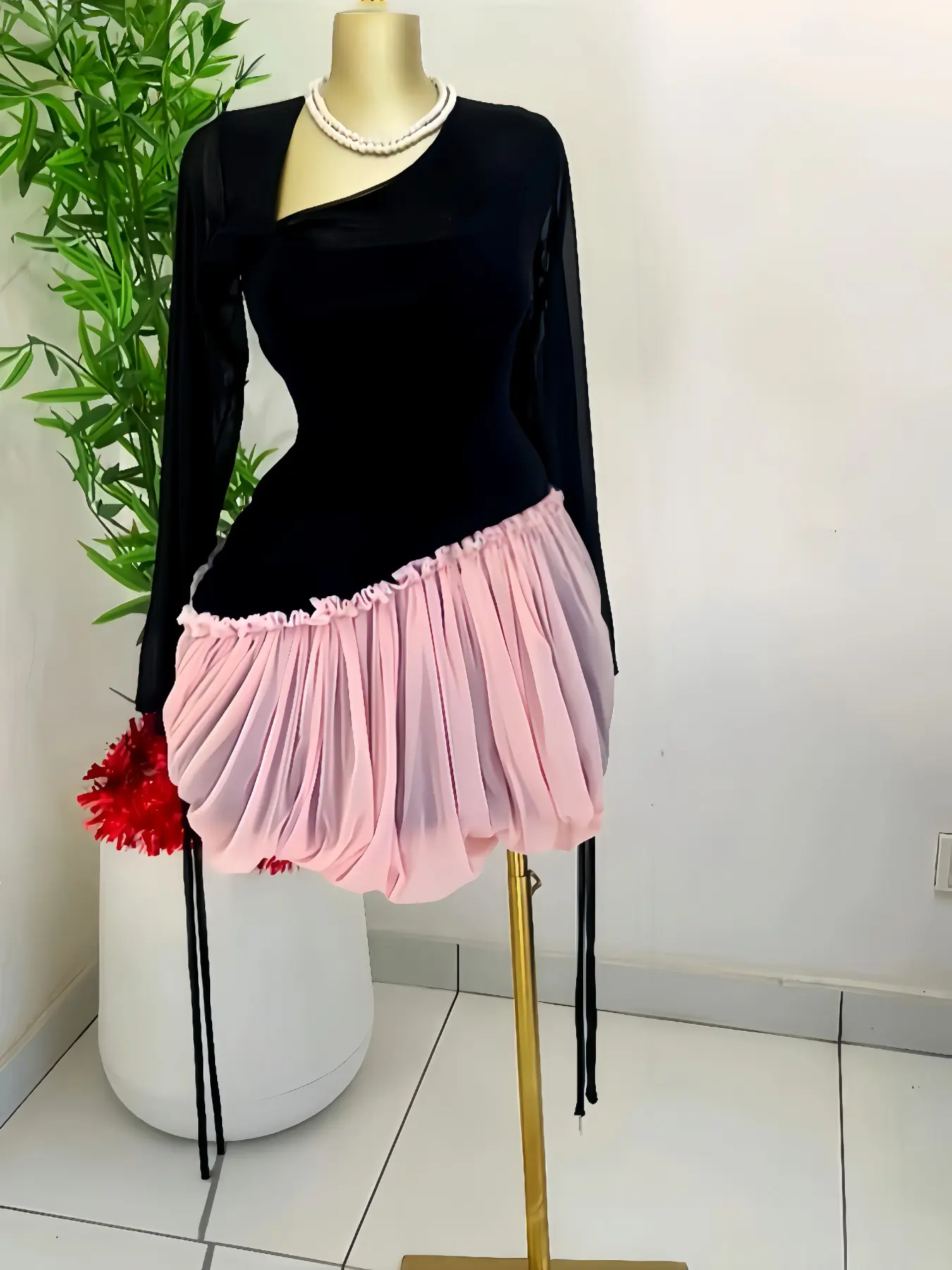 PULKRITU Mesh Ball Gown Pleated Asymmetrical Neck,Women Masquerade Mini Dress, Female Street Holiday Vacation Long Sleeve Prom Dress, Formal Wear, Asymmetrical Design Dress, Evening event clothing, Evening Dresses