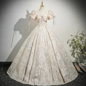 Story Champagne Satin Ball Gown with Puff Sleeves French Inspired for Graduation Debut Recital or Gala Hostess
