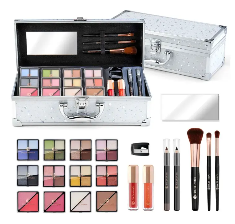 Color Nymph Makeup Kit for Teen Girls – All-in-One Beginner Makeup Set with Eyeshadow, Blush, Highlighter, Bronzer, Contour, Lipsticks, Eyeliner, Brushes & Mirror in Train Case (White)
