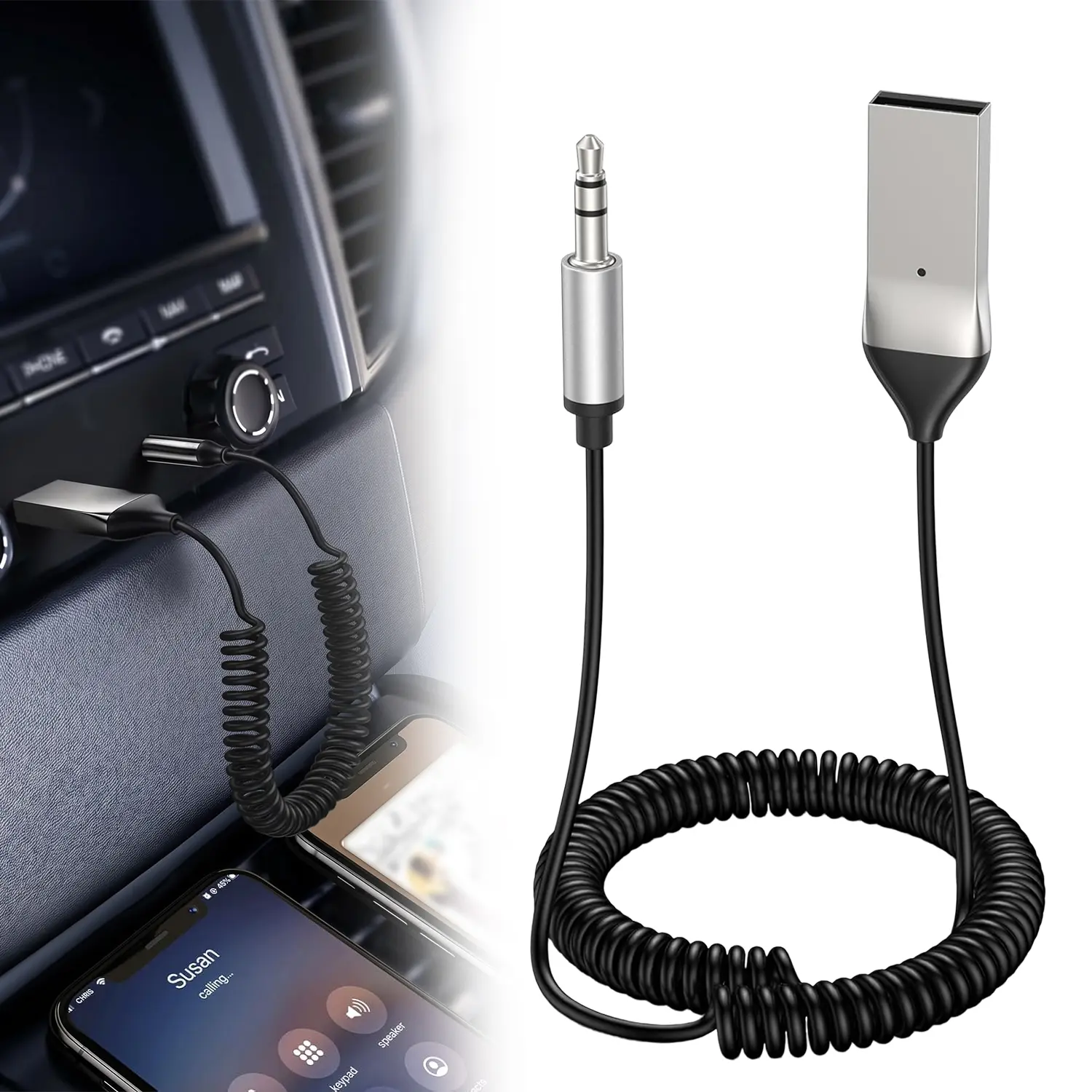 Aux to Bluetooth 5.0 Adapter Wireless Receiver for Car Hands-Free with Built-in Microphone AUX 3.5mm Stereo Audio - Auxiliary Cord,USB-AUX 3.5mm Stereo Audio Auxiliary Cord, Compatible with Car Speaker and Home Audio