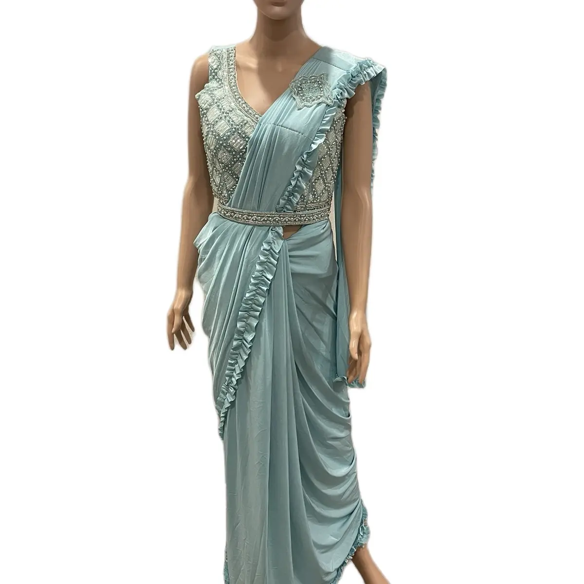 Women's Pre-Draped Saree with Hand-Embroidered Blouse and Belt, Traditional Pleated Design for Party & Wedding Wear, Matching, Women's Clothes, Dress, Embroidery, Hand Embroidery, Overall, 38 Inch Bust, Style, Formal