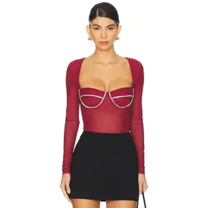 Bardot Carter Diamante Bodysuit in Burgundy