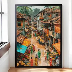 Indian Market Wall Art, Vibrant Bazaar Scene with Turmeric Ladies, South Asian Cultural Bohemian Poster, Frameless for Home, Office or Cafe Decor