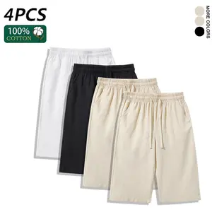 4PCS 100% Cotton Linen 3/4 Length Shorts for Men, Breathable Summer Casual Drawstring Capri Pants