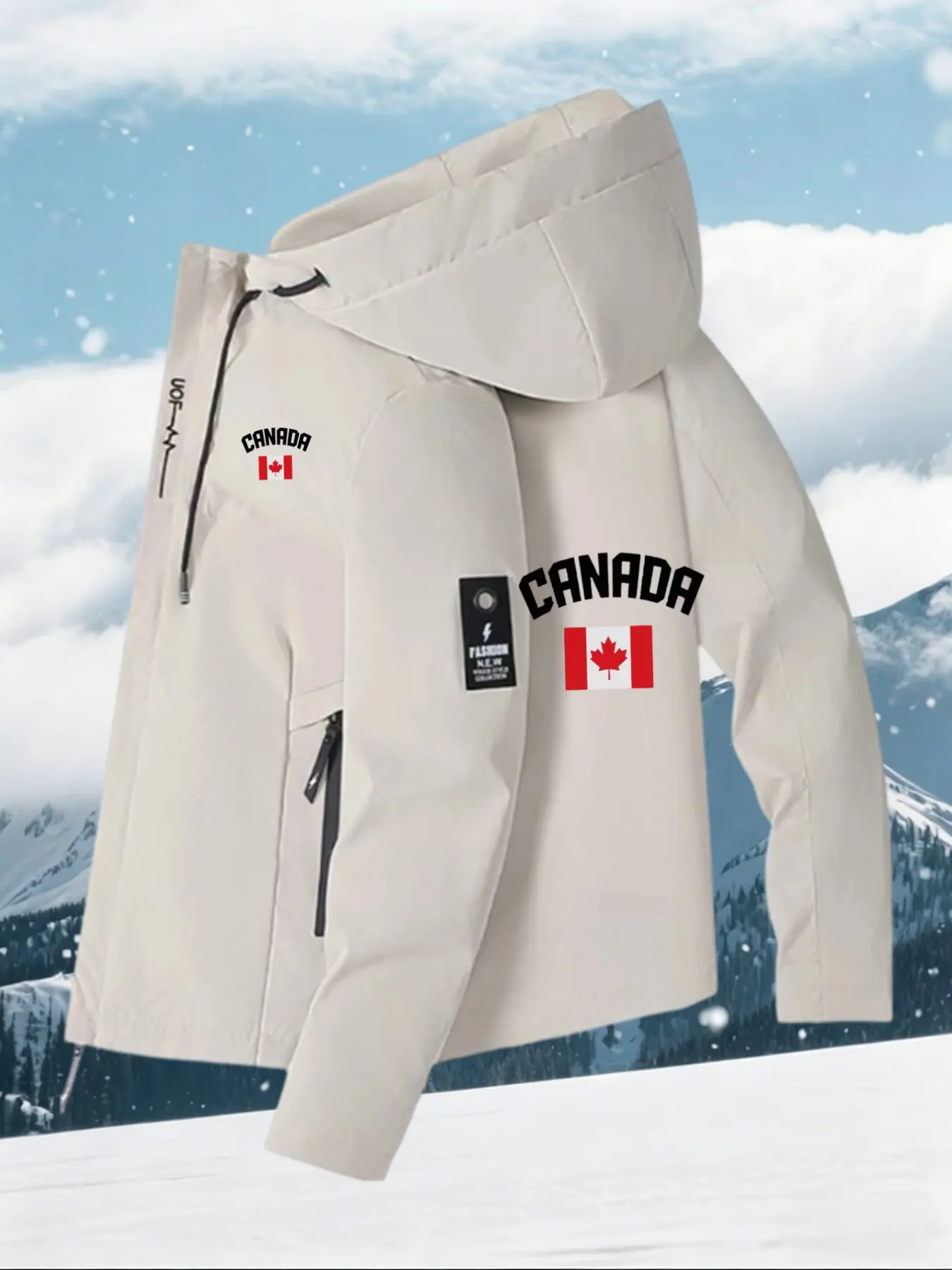 Canada Flag Theme Outdoor Flying Jacket, Men's Autumn Winter Hooded Jacket, Casual Sportswear, Slim-Fitting, All Seasons