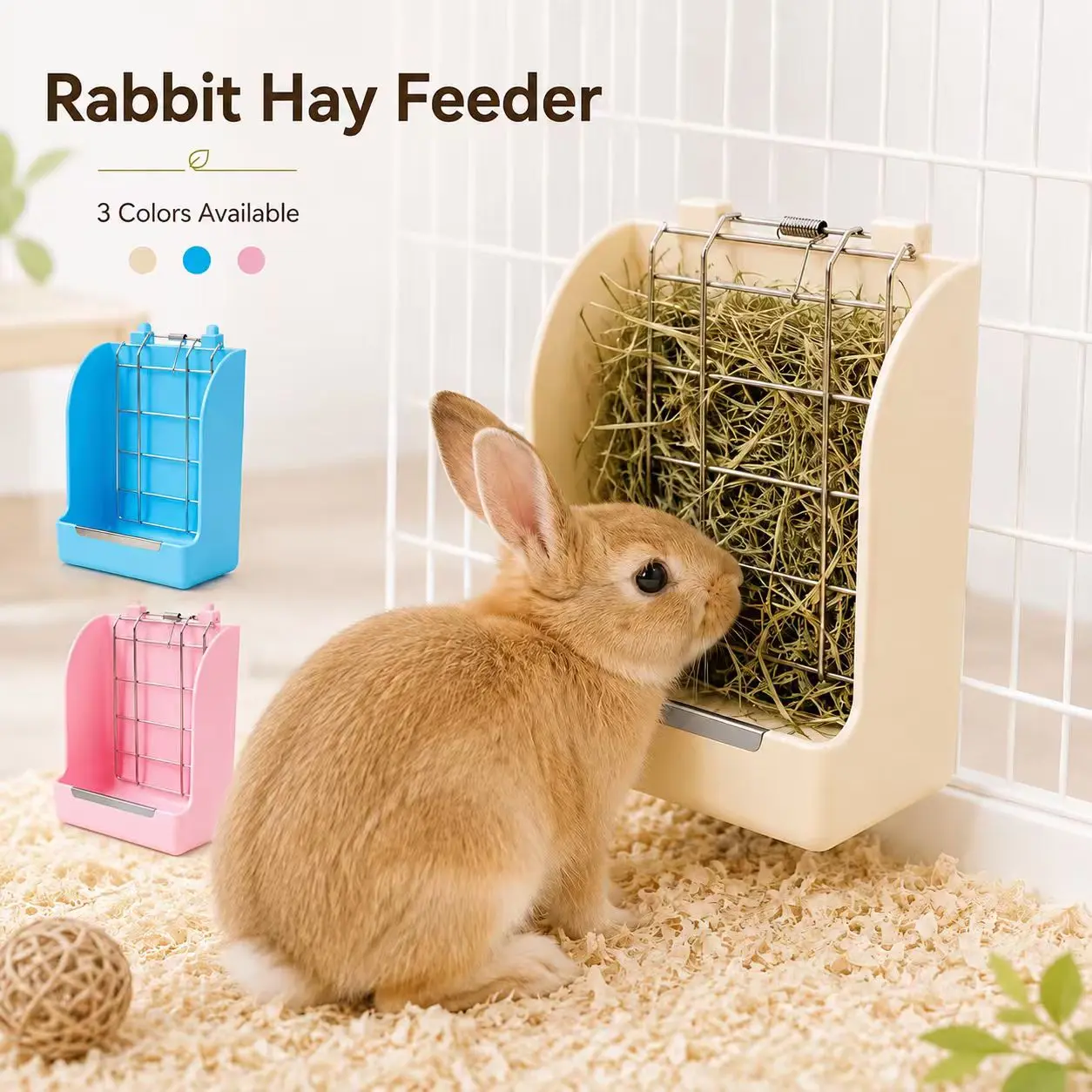 Small Pet Hay Feeder with Lightweight Spring Design and Bite-resistant Metal Edges, Space-saving Rabbit Hay Rack, Convenient Small Animal Feeding Device with Rotating for Rabbits, Guinea Pigs, Chinchillas, Hamsters（Pink,Blue,Off-white）
