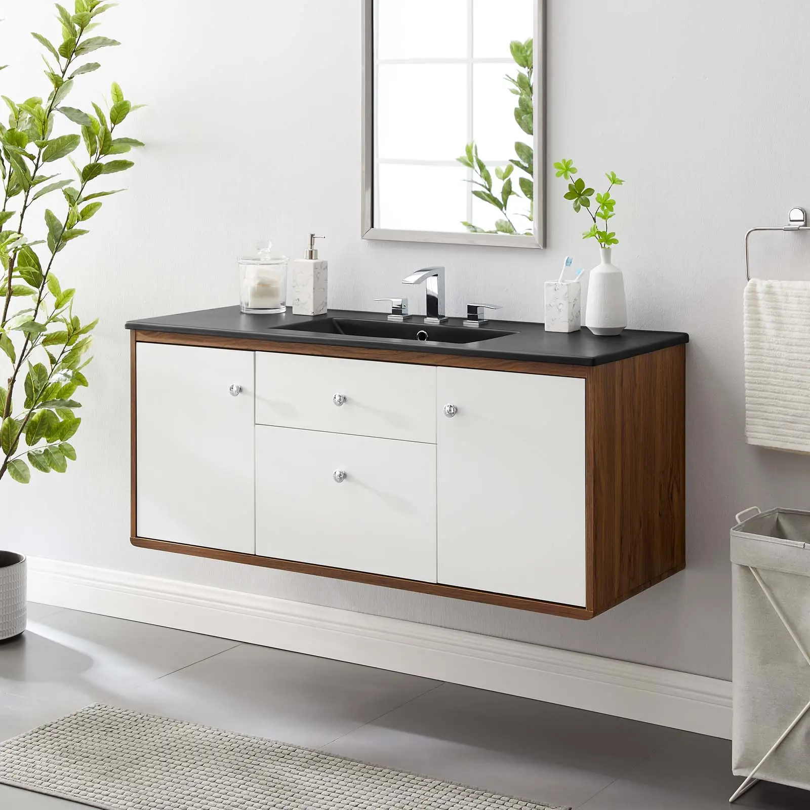 Modway Transmit Retro 48" Wall-Mount Bathroom Vanity - Wall Standing Single Vanity Cabinet, Single Ceramic Basin Top, Drawer Storage, Walnut Black Finish