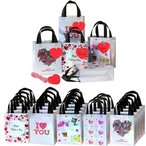 20 Valentine's Day Gift Bags with Shiny Heart Labels, Reusable Glossy Medium Gift Bags 8x4x10 Inches, Perfect for February 14th