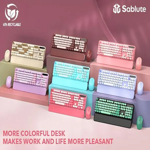 SABLUTE CK23 Retro Typewriter Keyboard, Full Size Round Keycaps, 2.4G Wireless Non-Bluetooth, Detachable Wrist Rest for Computer & Office