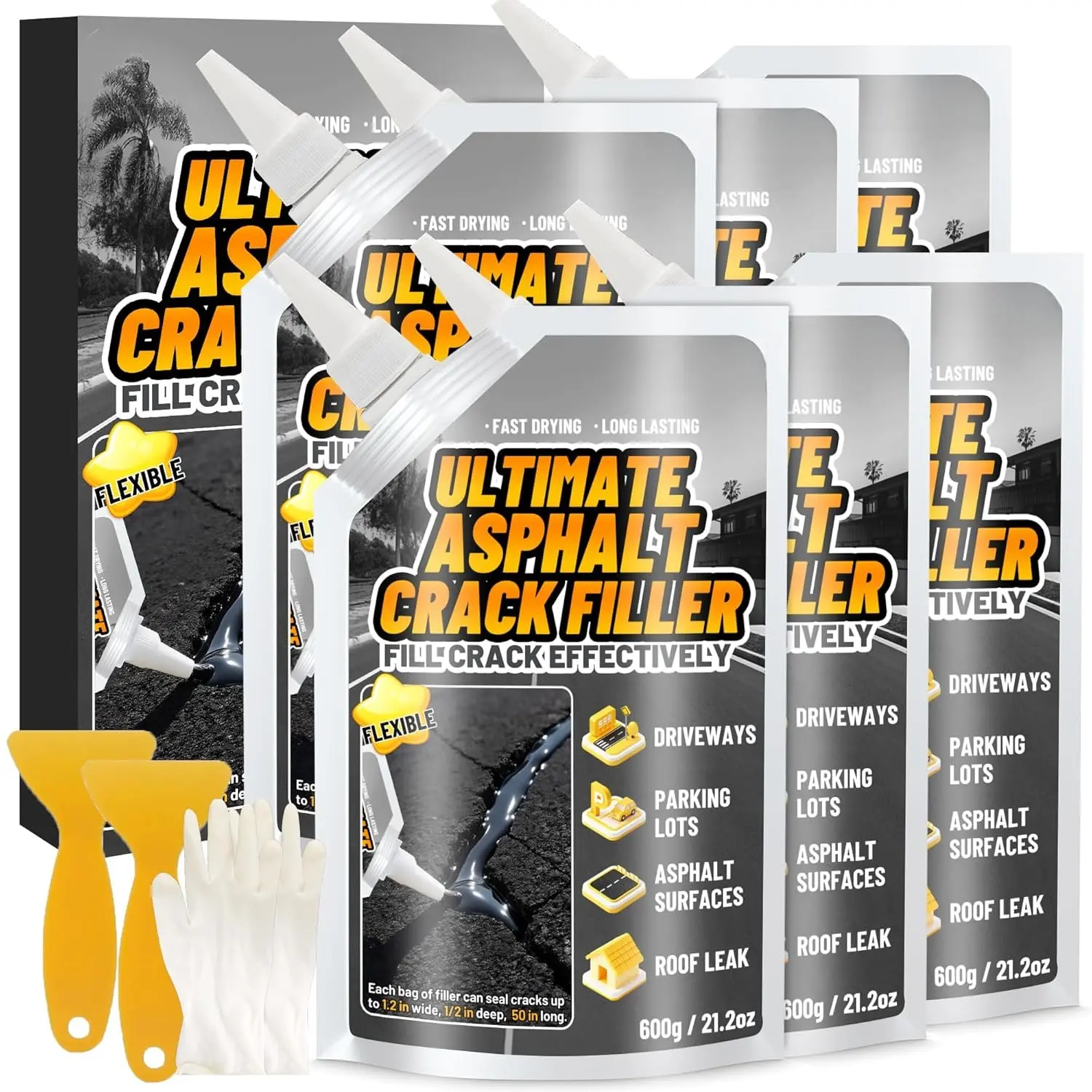 8LB High Elasticity Asphalt Crack Filler, Self-Leveling Water-Resistant Sealant for Driveways, Concrete Joint, Basement Repair, Outdoor Quick-Drying Blacktop Sealer - Black