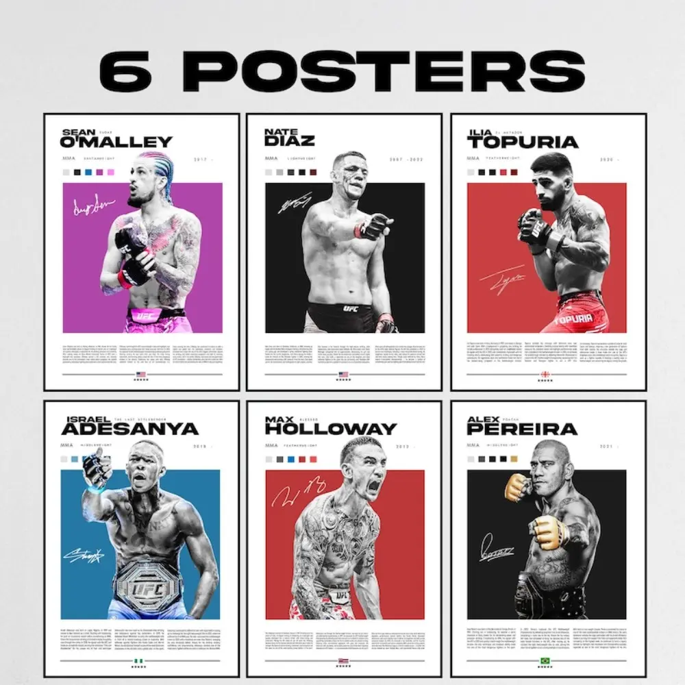 Artistic MMA Fighter Poster Set - Sean O'Malley, Nate Diaz, Ilia Topuria, Alex Pereira, Israel Adesanya, Max Holloway Graphic Prints with Black Borders, Wall Art, Cool Room Decor, Room Accessories for Home Wall Decoration
