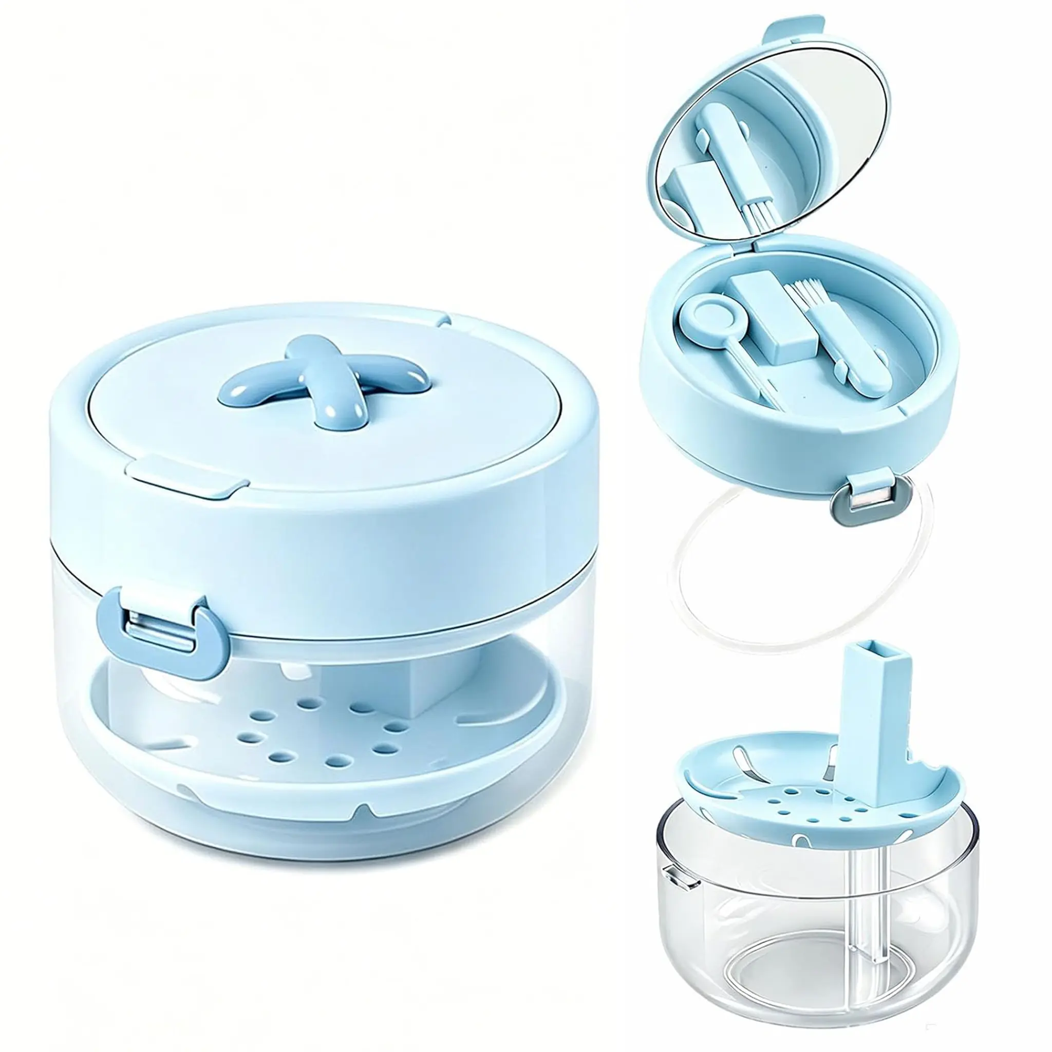 3-in-1 Retainer Cleaner Case with Drain Tray, Leakproof Aligner Soaking Container, Mirror, Cleaning Brush & Removal Tool, Portable Denture Bath Holder for Travel & Home