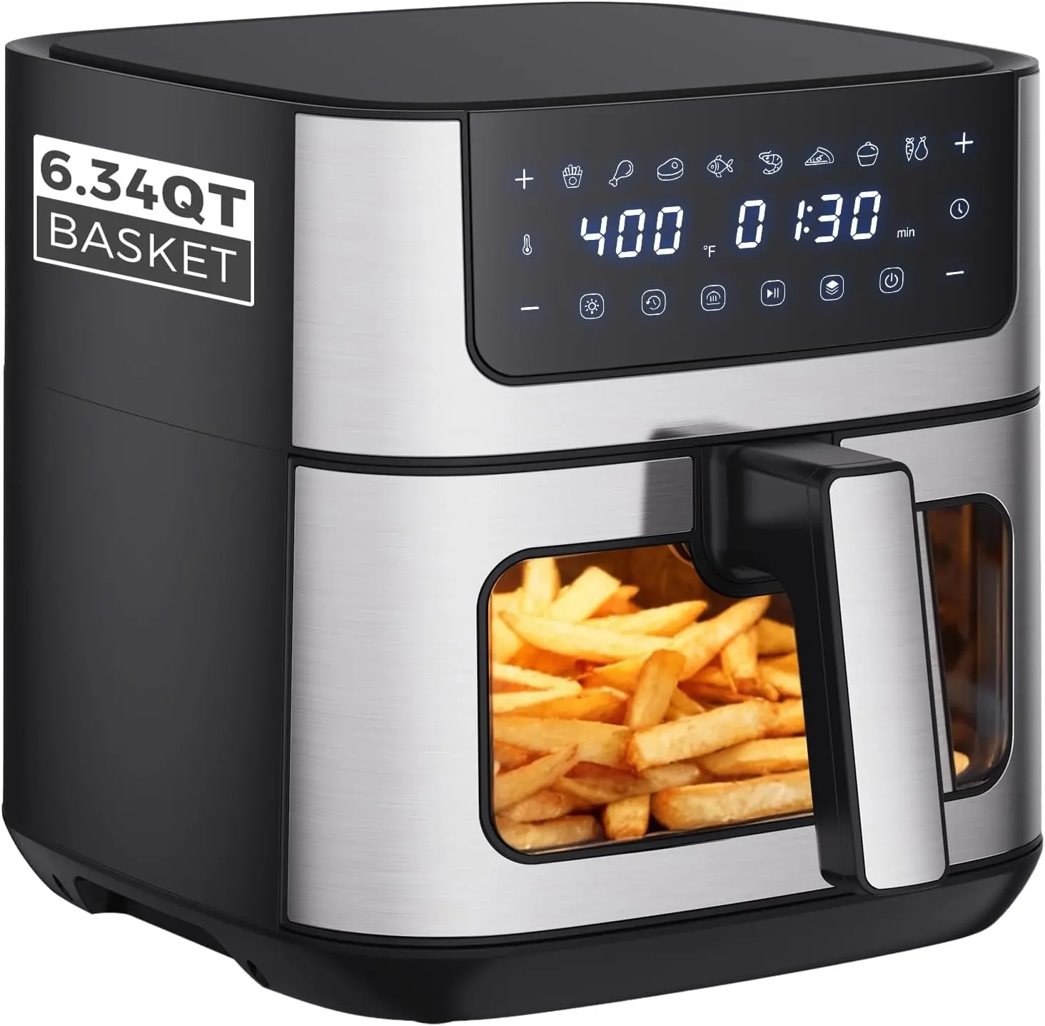 Large 6.34 Quart Digital Air Fryer with Window, 180–400℉ Adjustable Temp, 8 One-Touch Presets, 90-Min Timer, Stainless Steel Air Fryer for Family Cooking