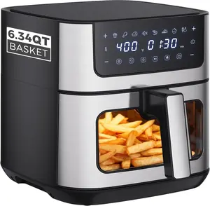 Large 6.34 Quart Digital Air Fryer with Window, 180–400℉ Adjustable Temp, 8 One-Touch Presets, 90-Min Timer, Stainless Steel Air Fryer for Family Cooking