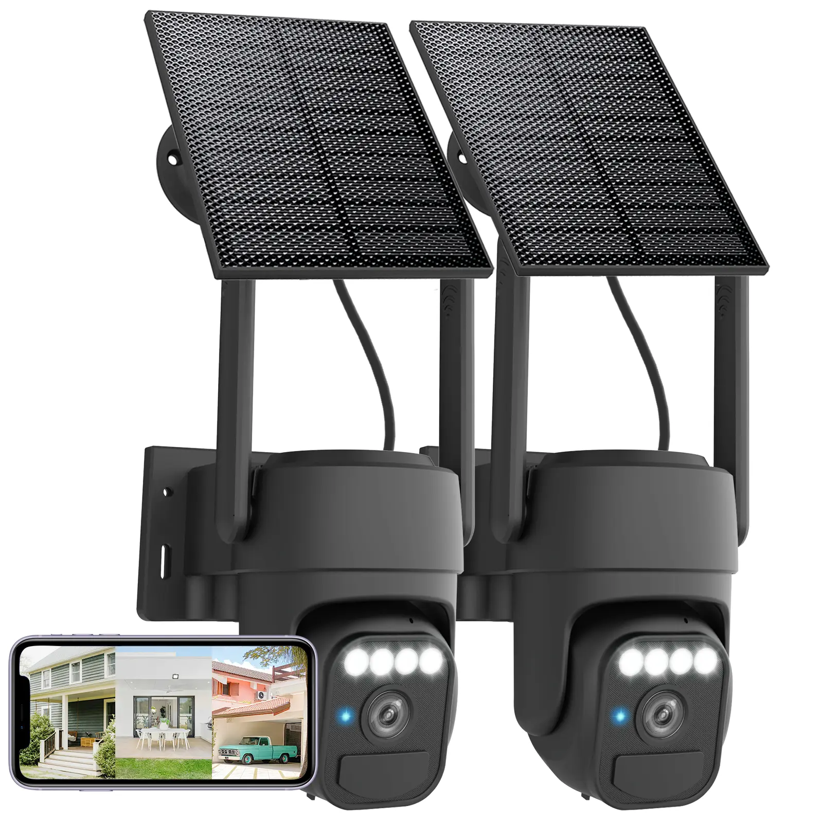 Solar Security Cameras Wireless Outdoor 2 Packs, Pan & Tilt Control, Two-Way Audio, Color Night Vision, IP65 Waterproof, Wi-Fi Camera with Motion Detection