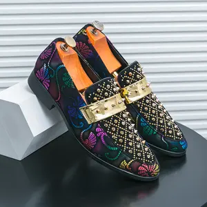 Men's Luxury Loafers, PU Upper Slip-On Dress Shoes with Spike Stud Details and Metallic Gold Bar for Retro Party and Club Nights