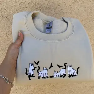 Embroidered Halloween Ghost Cat Sweatshirt