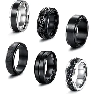 Milacolato 6-Piece 6/8 MM Steel Coated Black Spinner Rings, Cuban Chain Fashionable Jewelry Accessories with Elegant Look, Anxiety Stress-Relieving Fidget Engagement Promise Bands (Size 7-13) summerwins