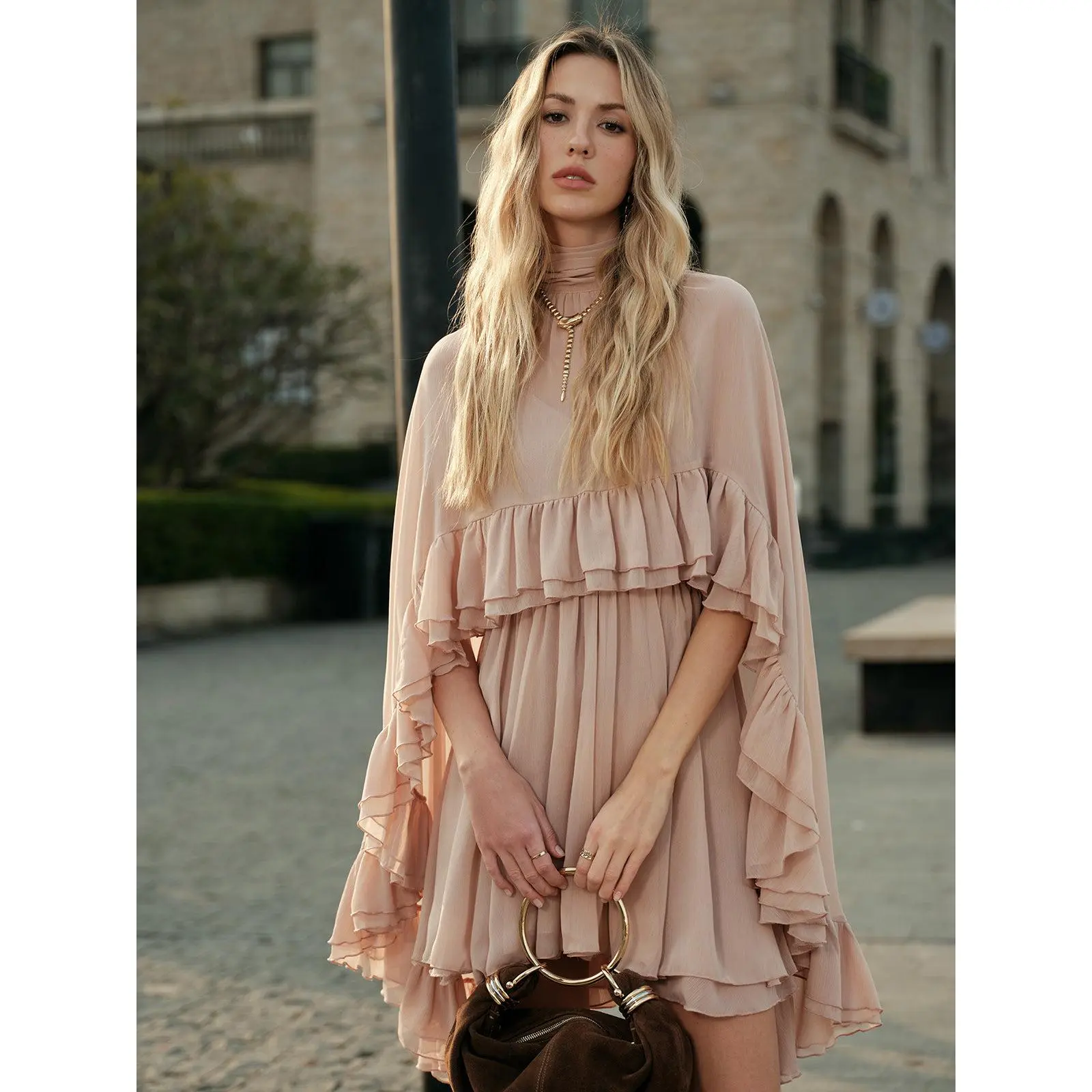 Semi-Sheer Chiffon Ruffle Dress With Outer Cape